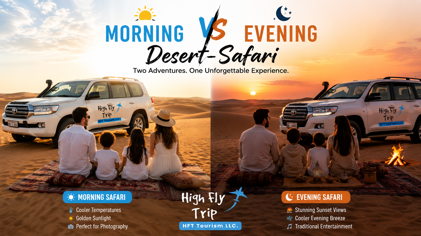 A side-by-side view highlighting early dawn dune bashing compared to a starlit camp during a morning vs evening safari tour by HFT Tourism.