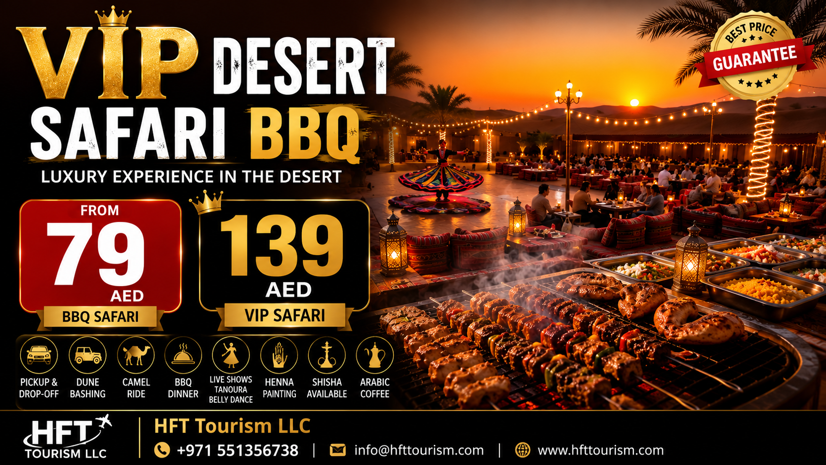 A luxury private 4x4 vehicle gliding over red sand dunes on an official VIP Desert Safari with BBQ Dinner.