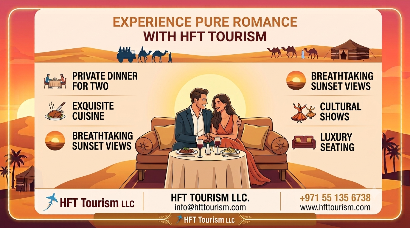A romantic desert safari for couples enjoying a private candlelit BBQ dinner in the Dubai dunes with HFT Tourism LLC.