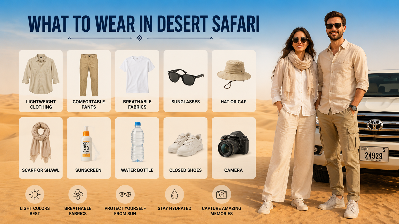 A group of tourists wearing loose linen clothes, sunglasses, and open-toe sandals exploring the sand dunes, highlighting what to wear for desert safari Dubai comfort.